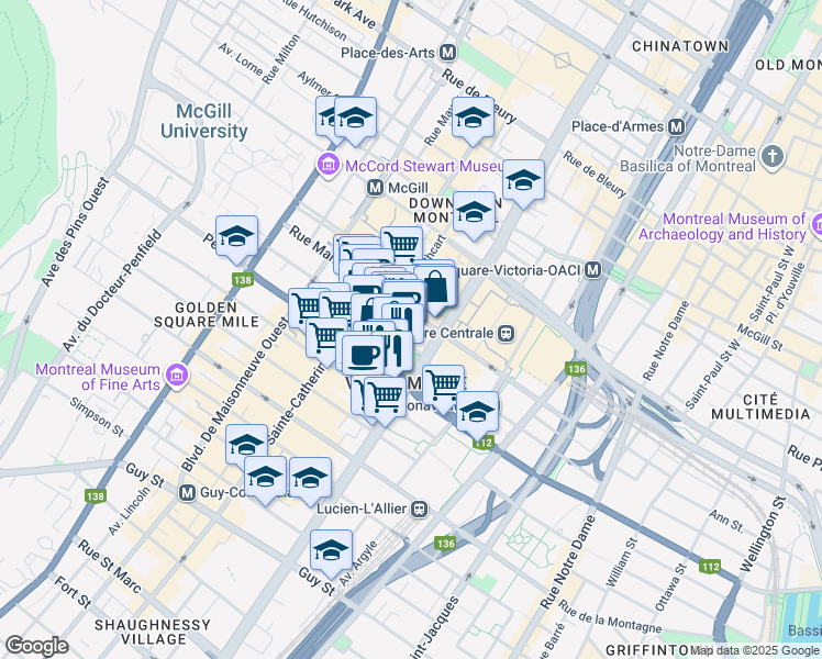 map of restaurants, bars, coffee shops, grocery stores, and more near 1155 Rue Metcalfe in Montréal
