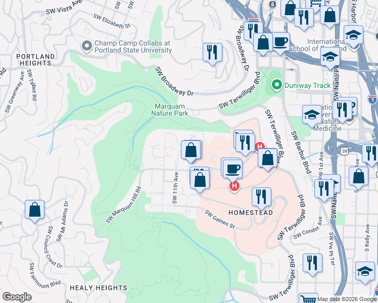 map of restaurants, bars, coffee shops, grocery stores, and more near 901 Southwest Gibbs Street in Portland