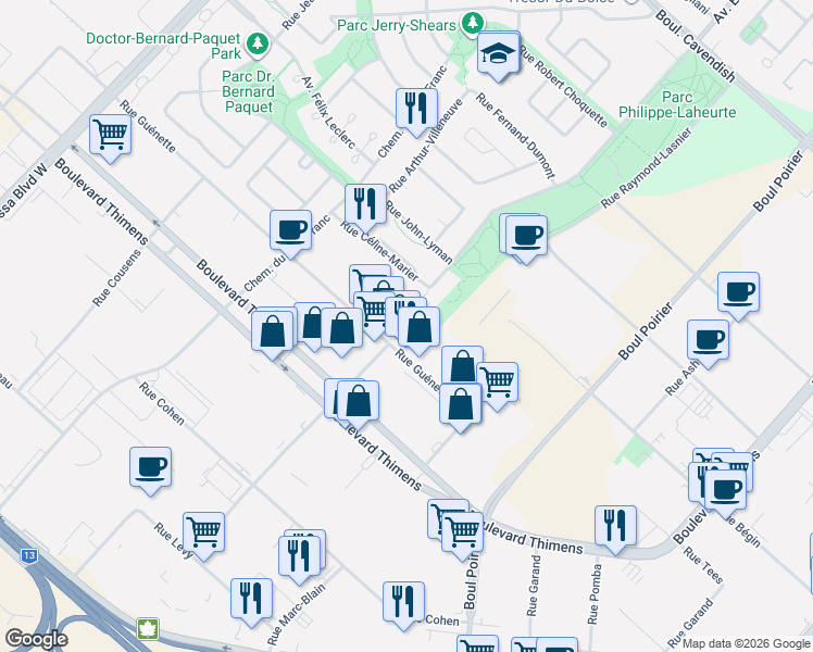 map of restaurants, bars, coffee shops, grocery stores, and more near 2387 Rue Guénette in Montréal