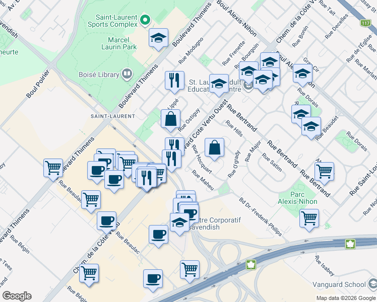 map of restaurants, bars, coffee shops, grocery stores, and more near 2850 Boulevard Cote Vertu Ouest in Montreal