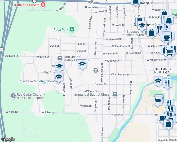 map of restaurants, bars, coffee shops, grocery stores, and more near 30 South Wisconsin Avenue in Rice Lake