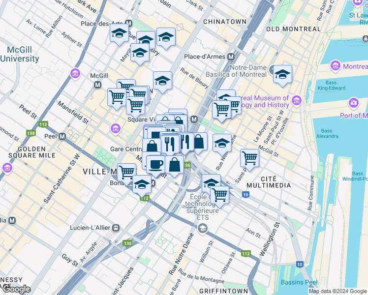 map of restaurants, bars, coffee shops, grocery stores, and more near 999 Boulevard Robert-Bourassa in Montréal