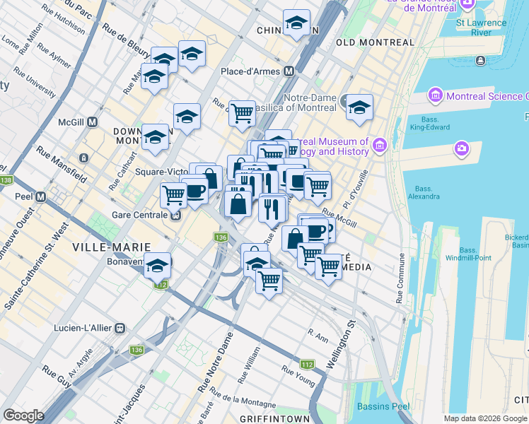 map of restaurants, bars, coffee shops, grocery stores, and more near 720 Rue Saint-Jacques in Montréal