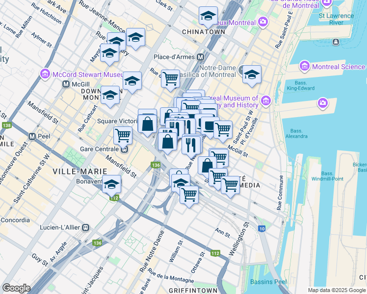 map of restaurants, bars, coffee shops, grocery stores, and more near 720 Rue Saint-Jacques in Montréal