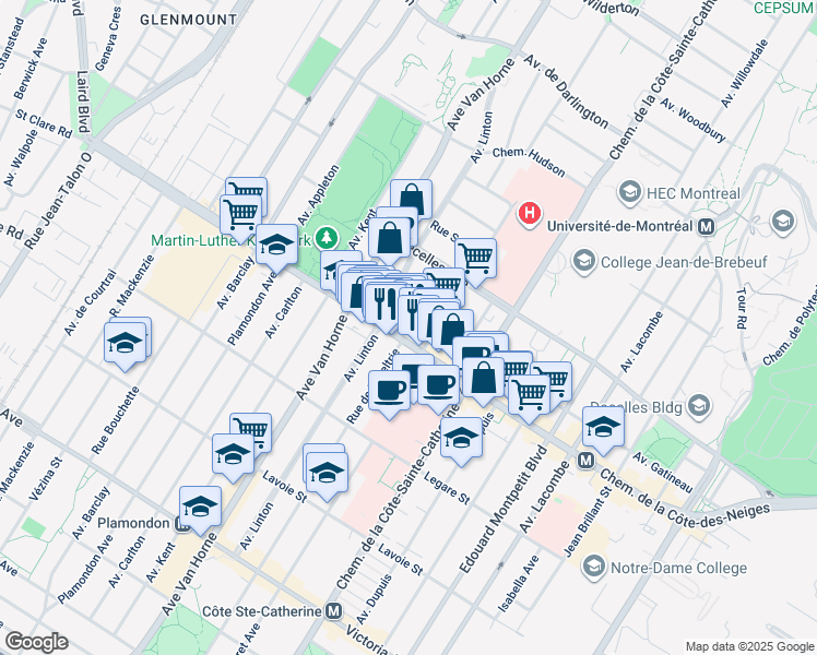 map of restaurants, bars, coffee shops, grocery stores, and more near in Montreal