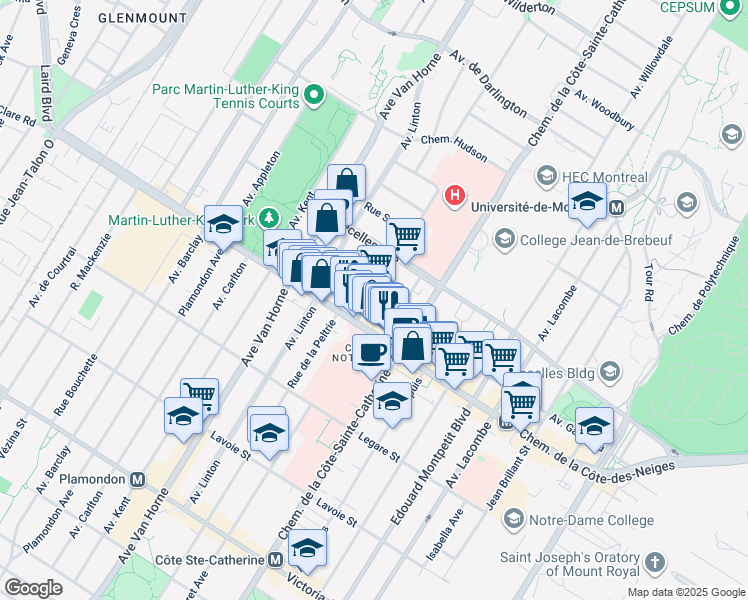 map of restaurants, bars, coffee shops, grocery stores, and more near 3460 Place Decelles in Montreal