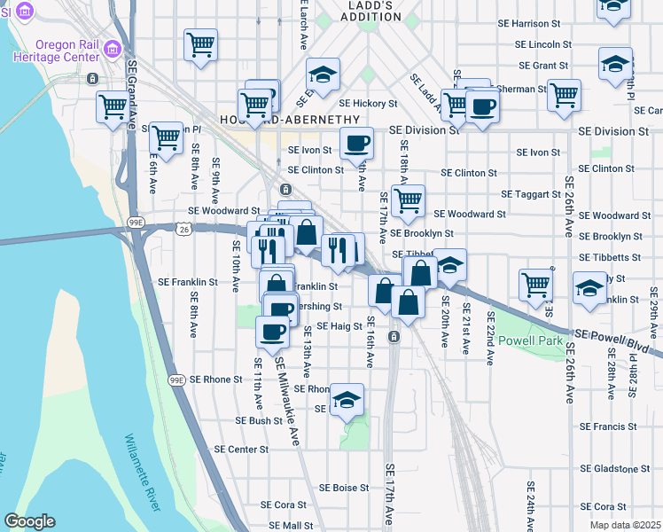 map of restaurants, bars, coffee shops, grocery stores, and more near in Portland