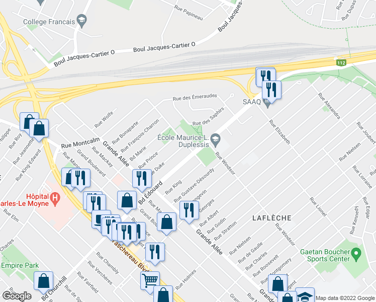map of restaurants, bars, coffee shops, grocery stores, and more near 3190 Rue William in Longueuil