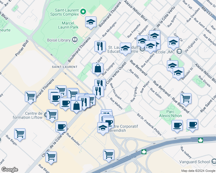 map of restaurants, bars, coffee shops, grocery stores, and more near 2850 Boulevard Cote Vertu Ouest in Montreal