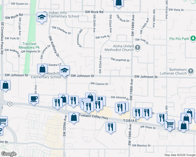 map of restaurants, bars, coffee shops, grocery stores, and more near 20350 Southwest Johnson Street in Aloha