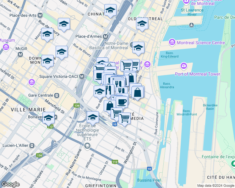 map of restaurants, bars, coffee shops, grocery stores, and more near 430 Rue McGill in Montréal