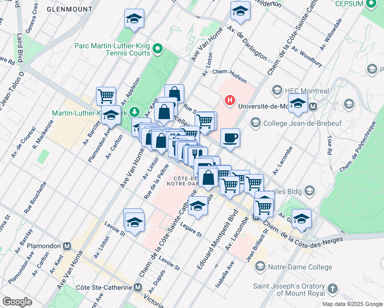 map of restaurants, bars, coffee shops, grocery stores, and more near 3465 Place Decelles in Montreal