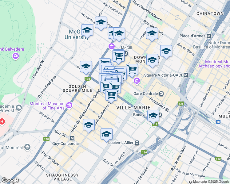 map of restaurants, bars, coffee shops, grocery stores, and more near 980 Boulevard De Maisonneuve Ouest in Montreal