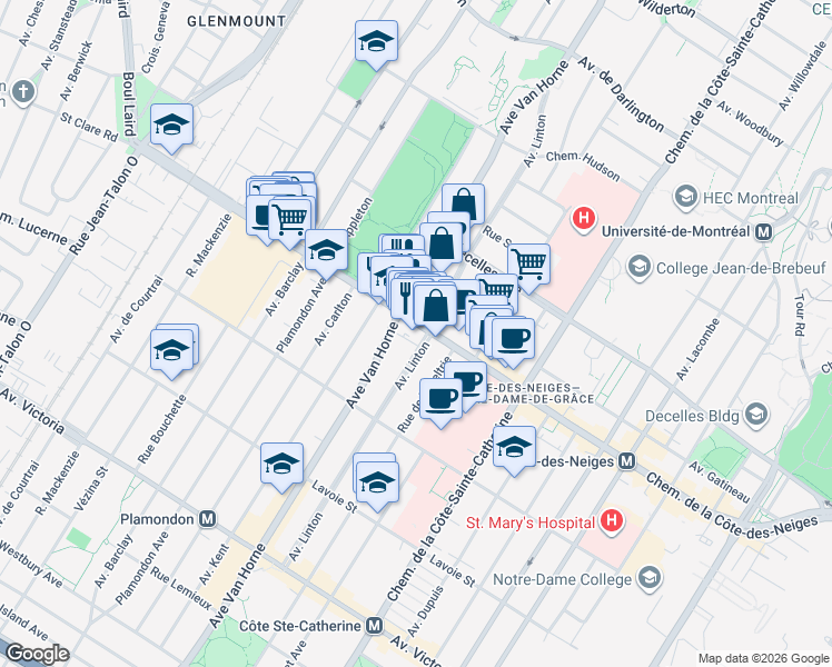 map of restaurants, bars, coffee shops, grocery stores, and more near in Montreal