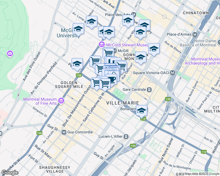 map of restaurants, bars, coffee shops, grocery stores, and more near in Montreal