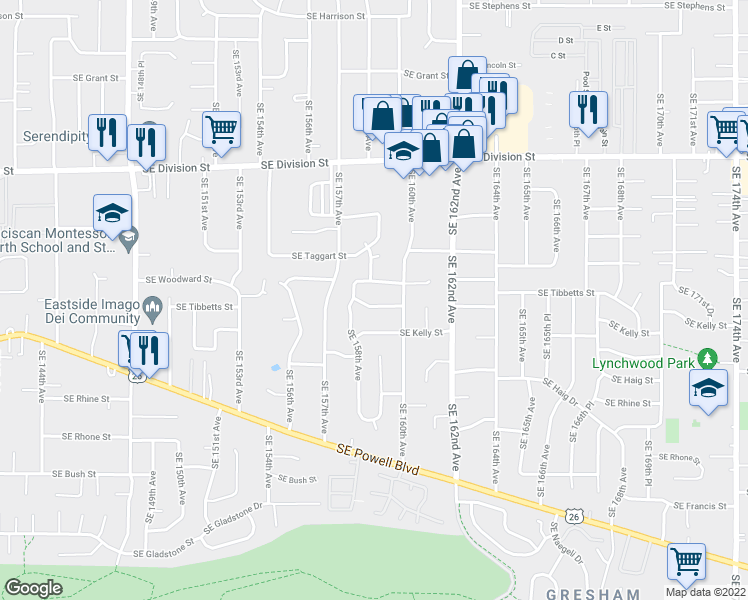 map of restaurants, bars, coffee shops, grocery stores, and more near 15805 Southeast Tibbetts Street in Portland