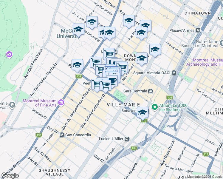 map of restaurants, bars, coffee shops, grocery stores, and more near in Montreal