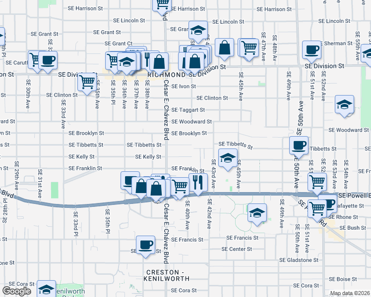 map of restaurants, bars, coffee shops, grocery stores, and more near 4046 Southeast Brooklyn Street in Portland