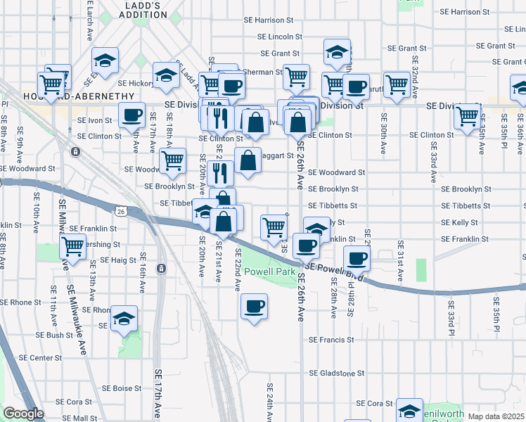 map of restaurants, bars, coffee shops, grocery stores, and more near 2404 Southeast Brooklyn Street in Portland