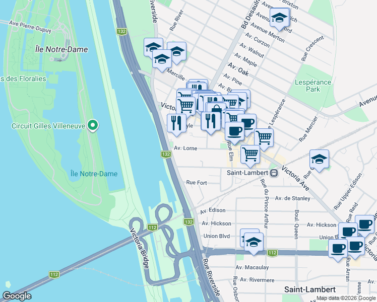 map of restaurants, bars, coffee shops, grocery stores, and more near 31 Avenue Lorne in Saint-Lambert