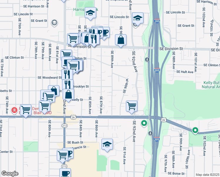 map of restaurants, bars, coffee shops, grocery stores, and more near 2858 Southeast 87th Avenue in Portland