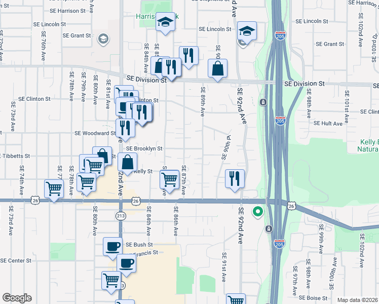map of restaurants, bars, coffee shops, grocery stores, and more near 2858 Southeast 87th Avenue in Portland