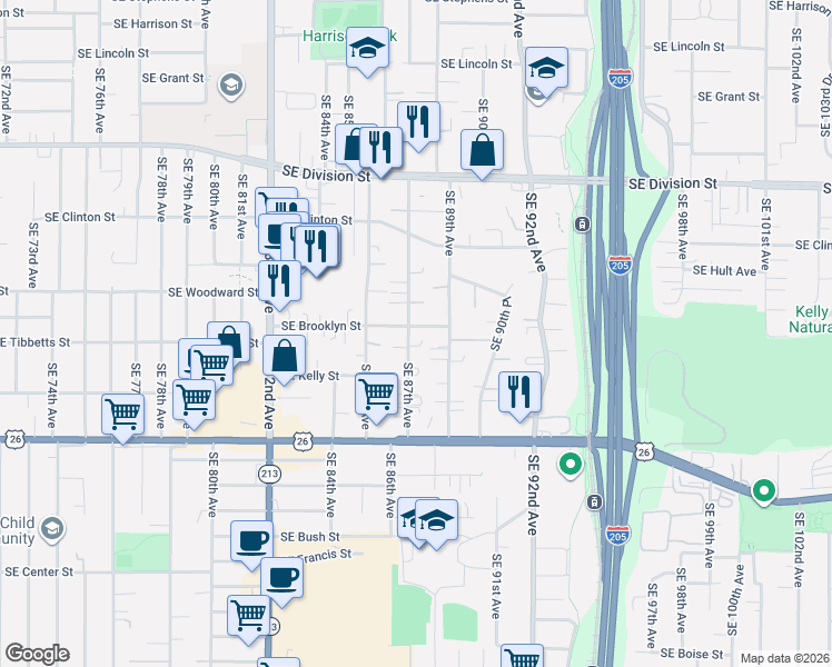 map of restaurants, bars, coffee shops, grocery stores, and more near 2858 Southeast 87th Avenue in Portland