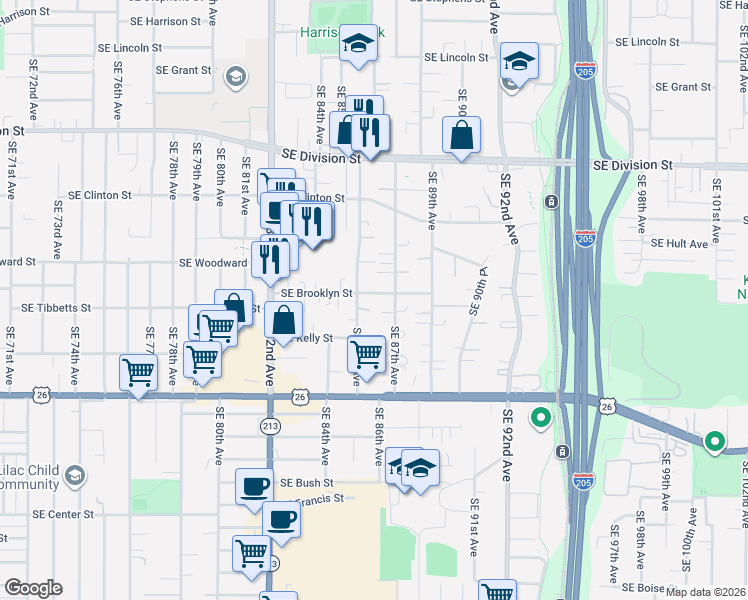 map of restaurants, bars, coffee shops, grocery stores, and more near 8622 Southeast Woodward Court in Portland
