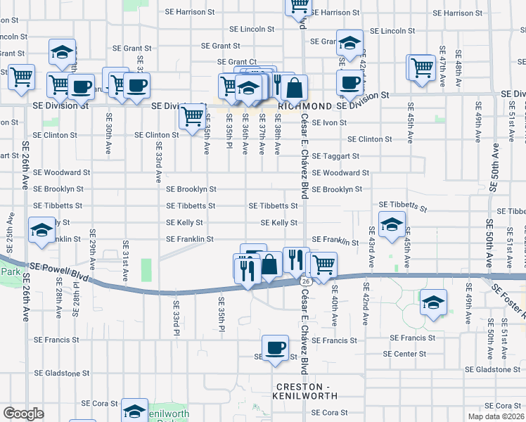 map of restaurants, bars, coffee shops, grocery stores, and more near 3706 Southeast Brooklyn Street in Portland