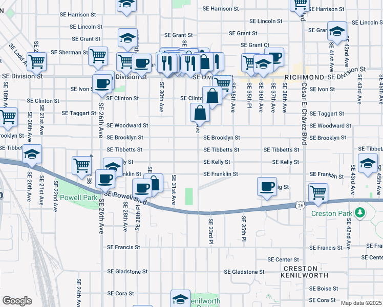 map of restaurants, bars, coffee shops, grocery stores, and more near 3150 Southeast Brooklyn Street in Portland