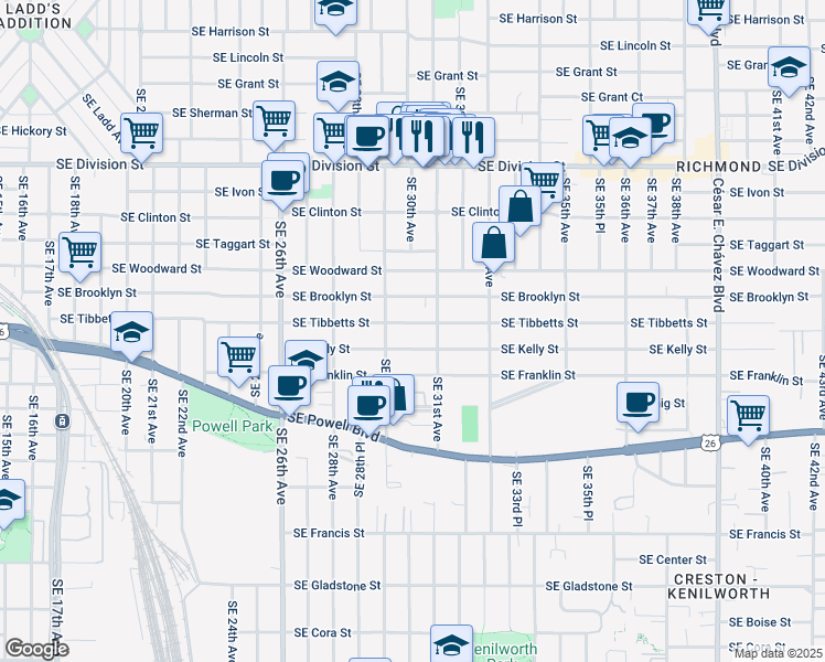 map of restaurants, bars, coffee shops, grocery stores, and more near 3005-3015 Southeast 31st Avenue in Portland