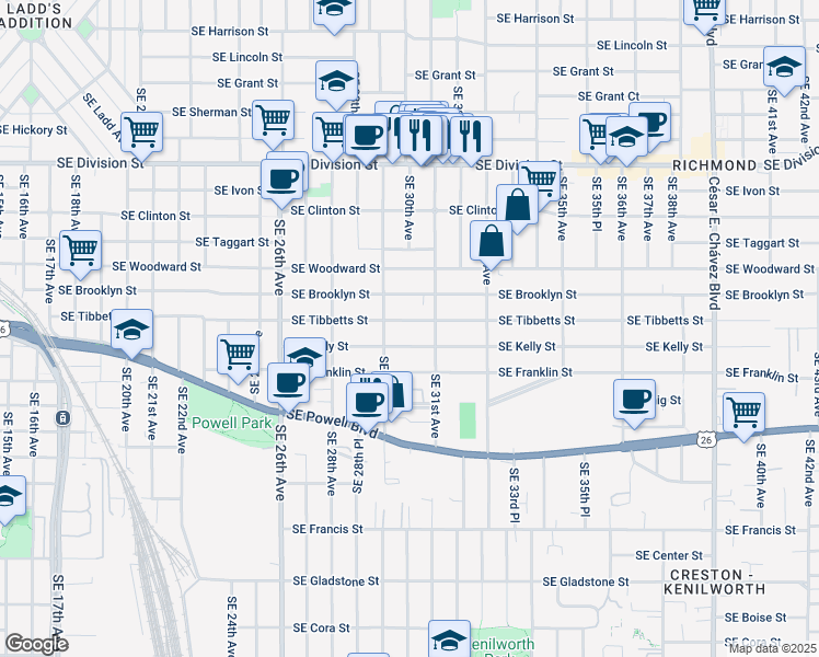 map of restaurants, bars, coffee shops, grocery stores, and more near 3005-3015 Southeast 31st Avenue in Portland