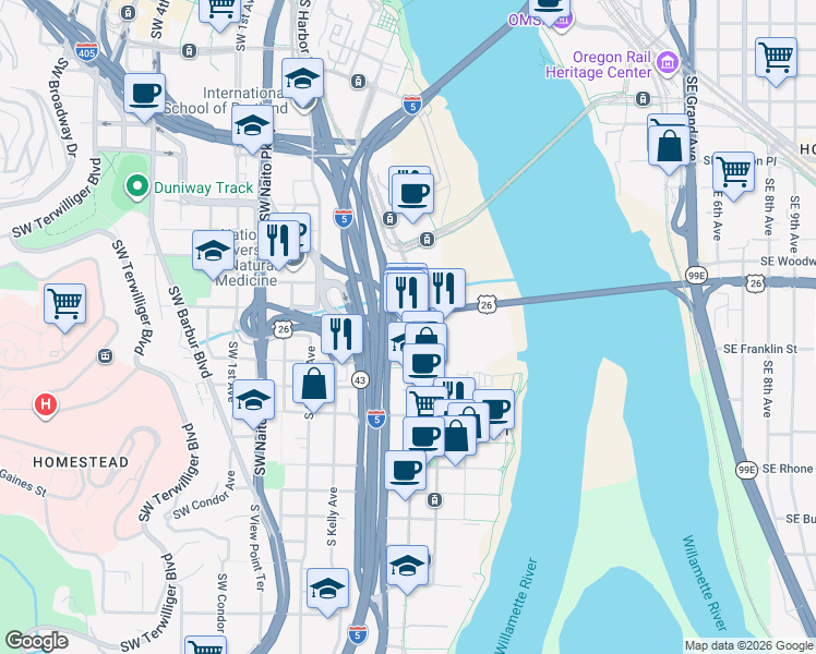 map of restaurants, bars, coffee shops, grocery stores, and more near 3030 South Moody Avenue in Portland