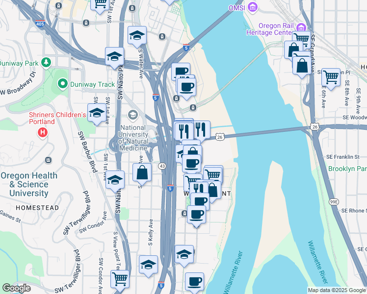 map of restaurants, bars, coffee shops, grocery stores, and more near 3030 South Moody Avenue in Portland