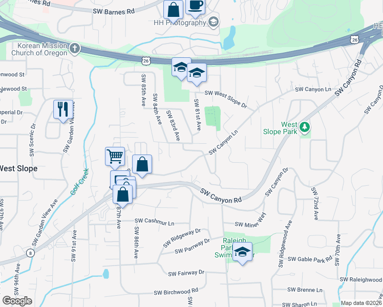 map of restaurants, bars, coffee shops, grocery stores, and more near 2540 Southwest 81st Avenue in Portland