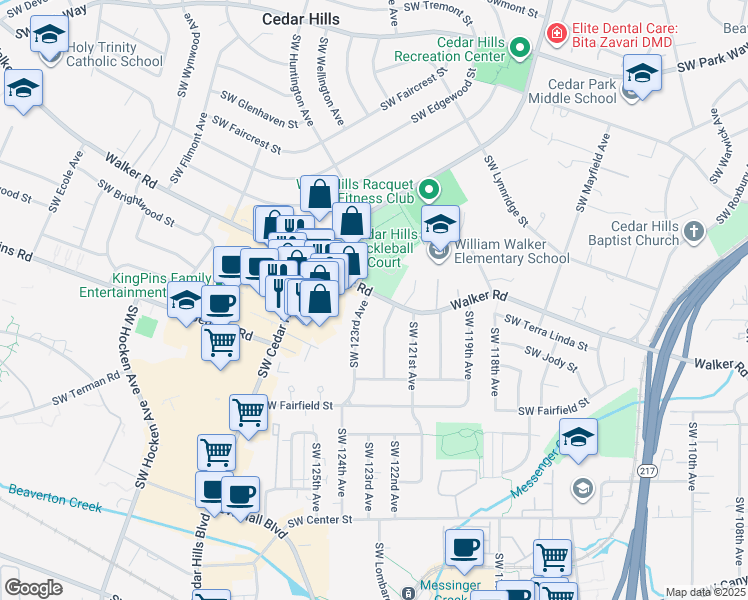 map of restaurants, bars, coffee shops, grocery stores, and more near 12375 Southwest Walker Road in Beaverton
