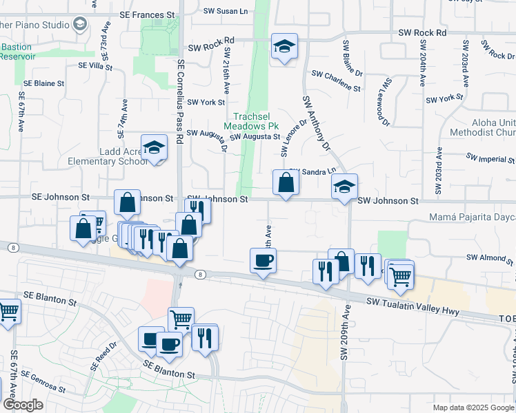 map of restaurants, bars, coffee shops, grocery stores, and more near 21470 Southwest Regal Lane in Aloha