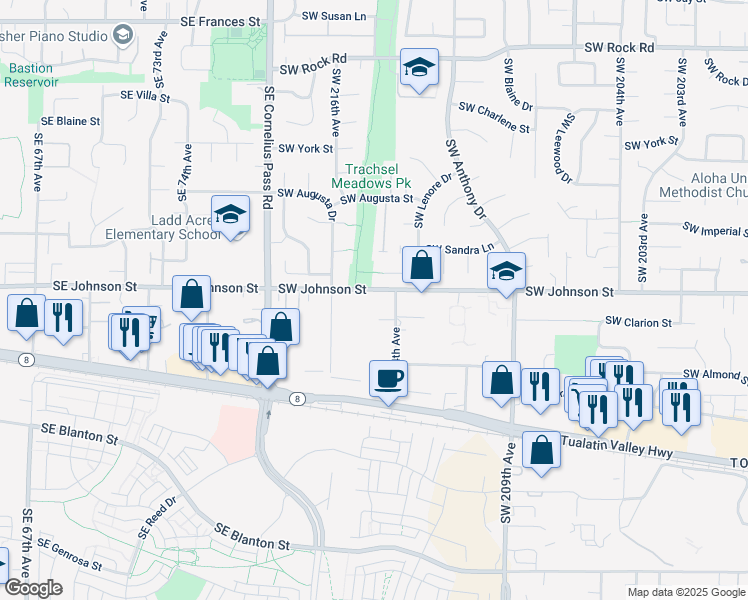 map of restaurants, bars, coffee shops, grocery stores, and more near 21470 Southwest Regal Lane in Aloha