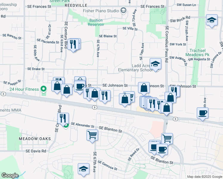 map of restaurants, bars, coffee shops, grocery stores, and more near 6985 Southeast Johnson Street in Hillsboro