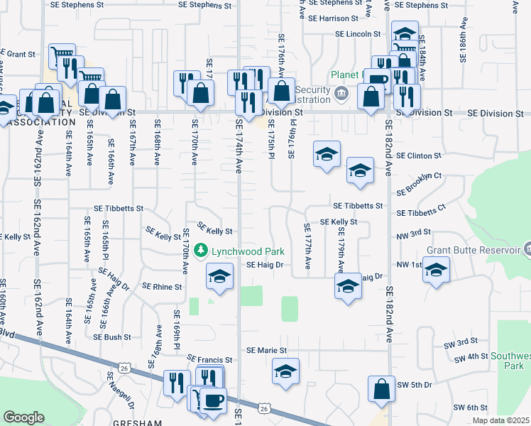 map of restaurants, bars, coffee shops, grocery stores, and more near 17520 Southeast Brooklyn Street in Portland
