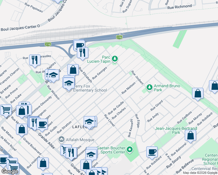 map of restaurants, bars, coffee shops, grocery stores, and more near 1451 Rue Stratton in Longueuil