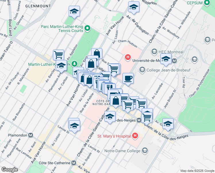 map of restaurants, bars, coffee shops, grocery stores, and more near 3455 Place Decelles in Montrã©Al