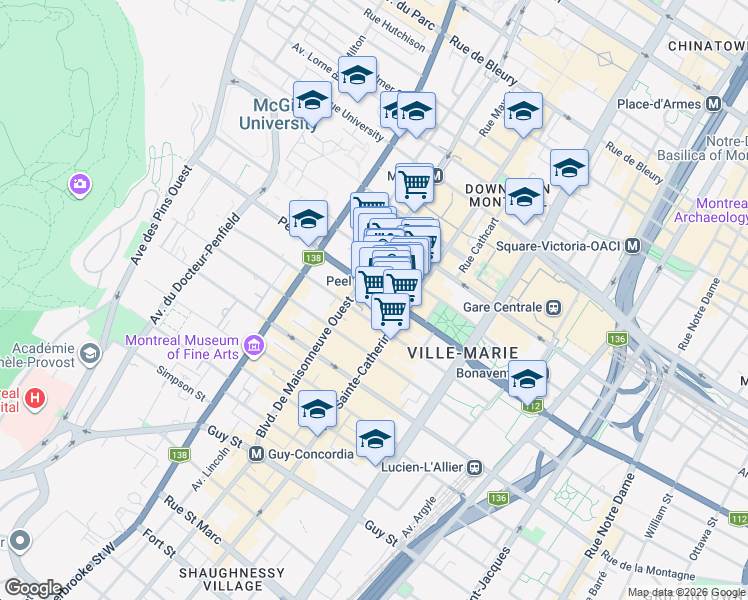 map of restaurants, bars, coffee shops, grocery stores, and more near 1430 Rue Peel in Montreal