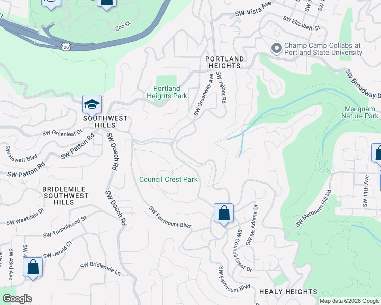 map of restaurants, bars, coffee shops, grocery stores, and more near 2608 Southwest Fairmount Boulevard in Portland