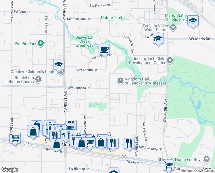 map of restaurants, bars, coffee shops, grocery stores, and more near 17845 Southwest Johnson Street in Beaverton