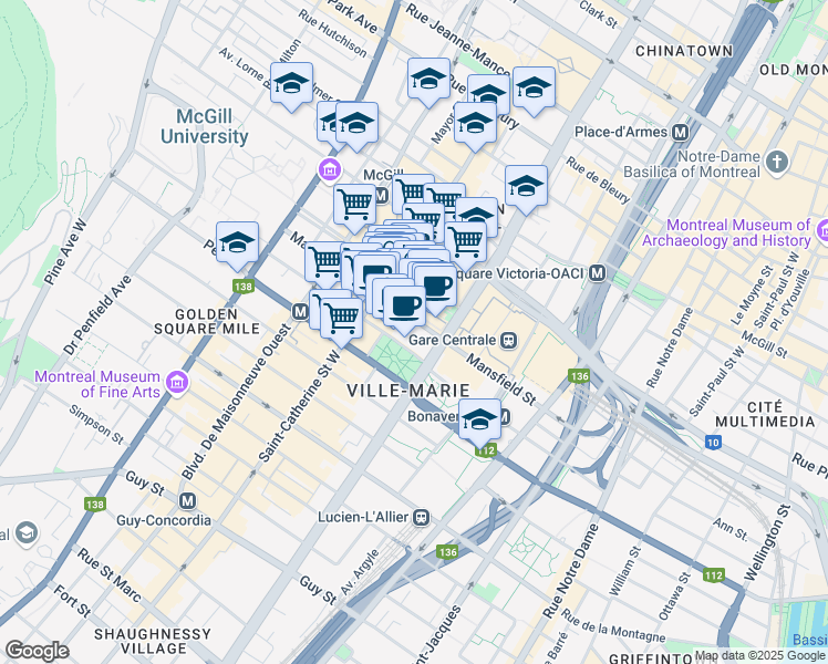 map of restaurants, bars, coffee shops, grocery stores, and more near 1155 Rue Metcalfe in Montréal