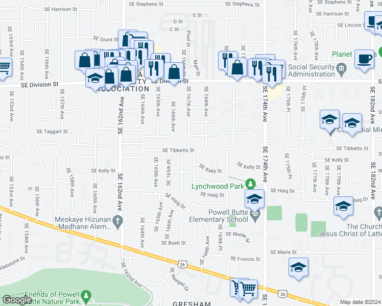 map of restaurants, bars, coffee shops, grocery stores, and more near 16634 Southeast Tibbetts Street in Portland