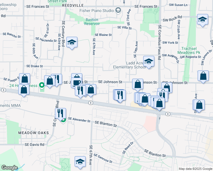 map of restaurants, bars, coffee shops, grocery stores, and more near 6985 Southeast Johnson Street in Hillsboro