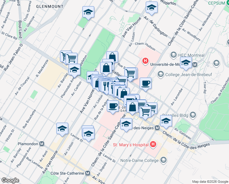 map of restaurants, bars, coffee shops, grocery stores, and more near 5820 Place Decelles in Montréal
