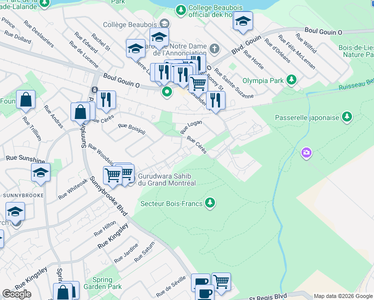 map of restaurants, bars, coffee shops, grocery stores, and more near 1403 Rue Hyman in Dollard-des-Ormeaux